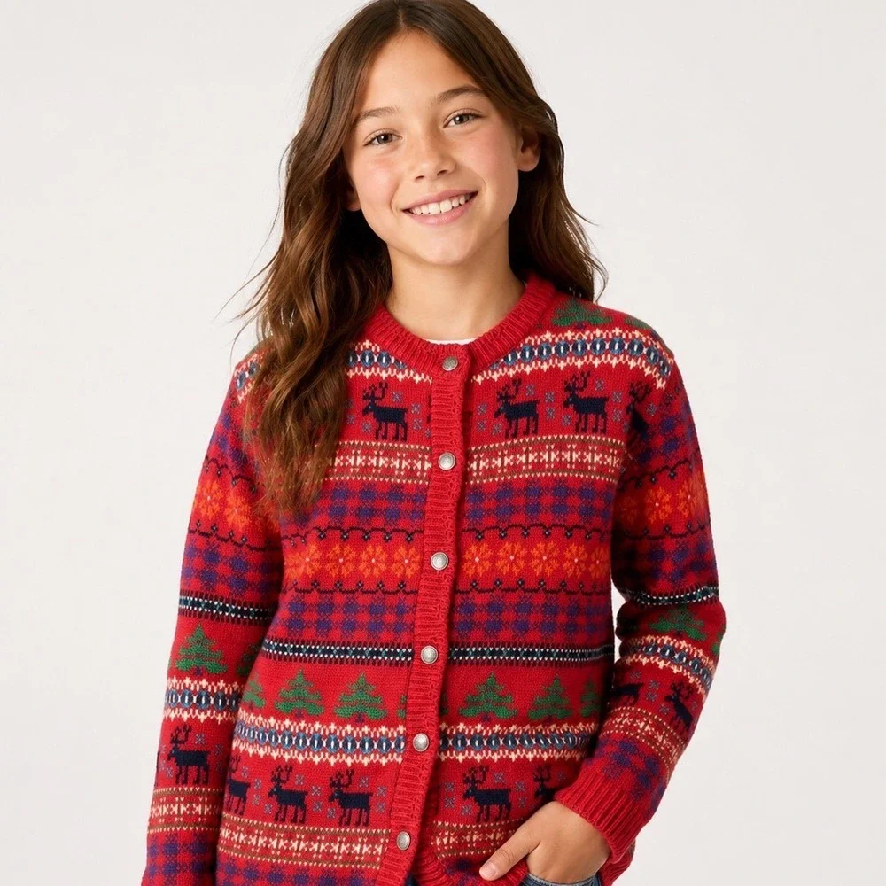 Vintage 90s GAP Kids XL Fair Isle Reindeer Moose Christmas Cardigan Sweater